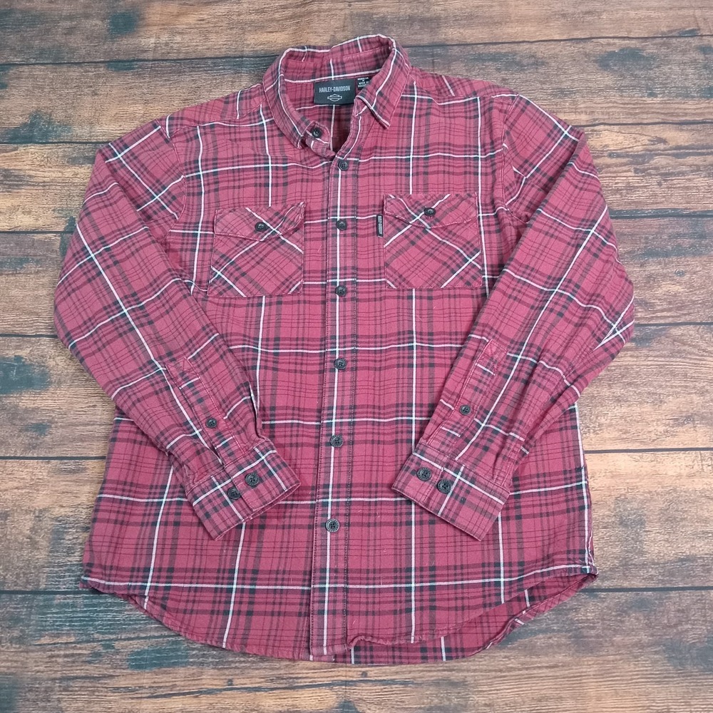 Harley Davidson Long Sleeve Button Up Flannel Shirt Men's Medium Red Plaid - Picture 1 of 9